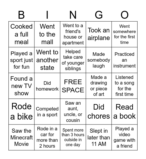 How Did We Spend Our Spring Break? Bingo Card