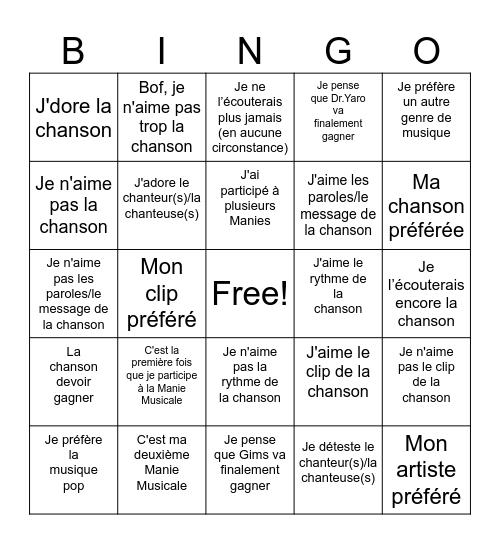 French Bingo Card
