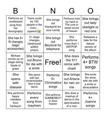 Gaga-chella predictions Bingo Card