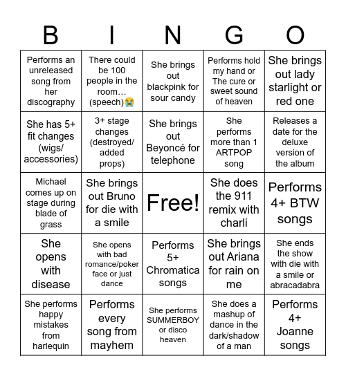 Gaga-chella predictions Bingo Card