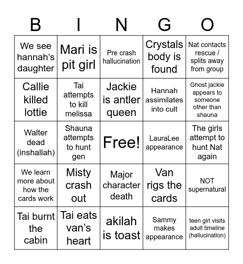 Yellowjackets Predictions Bingo Card