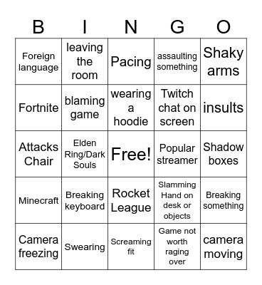 Gamer Rage Bingo Card