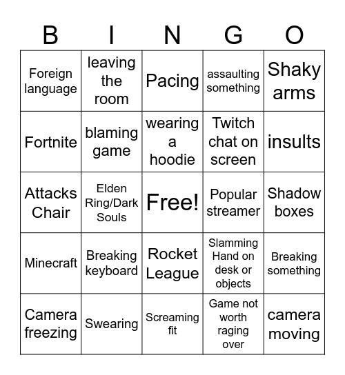 Gamer Rage Bingo Card