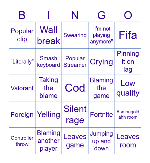 Gamer rage Bingo Card