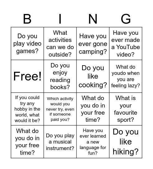 Activities Bingo Card