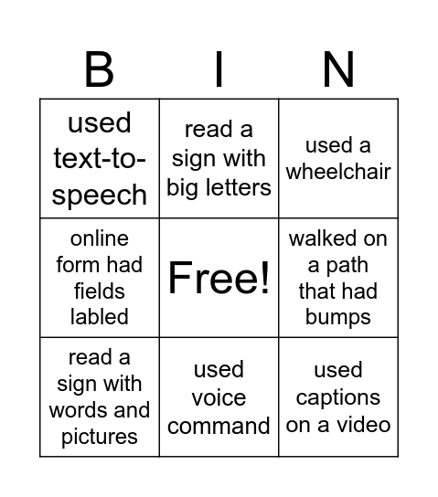 Accessibility Bingo Card