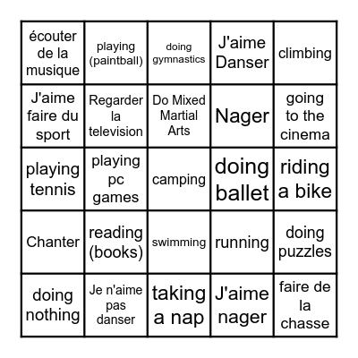 French Hobbies Bingo Card