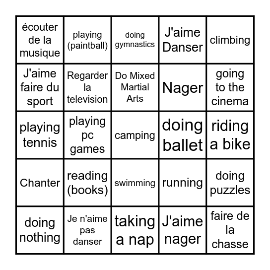 French Hobbies Bingo Card