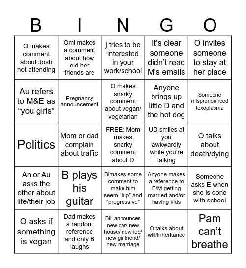 April Family Drama 4012 Bingo Card