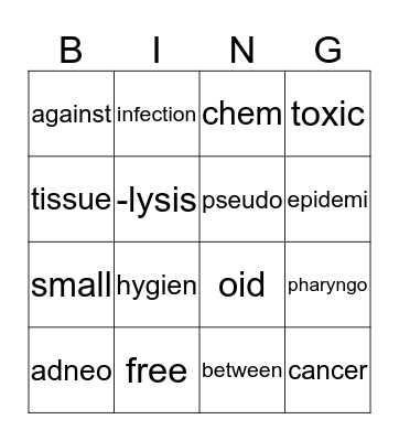 Lymphatic System Medical Terminology Bingo Card