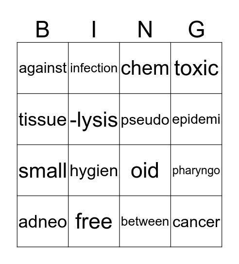 Lymphatic System Medical Terminology Bingo Card