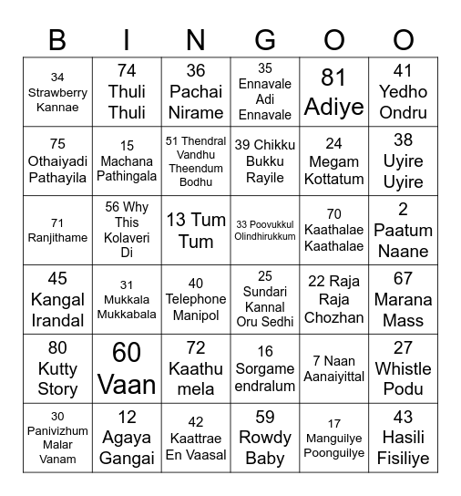 Tamil Music Bingo Card