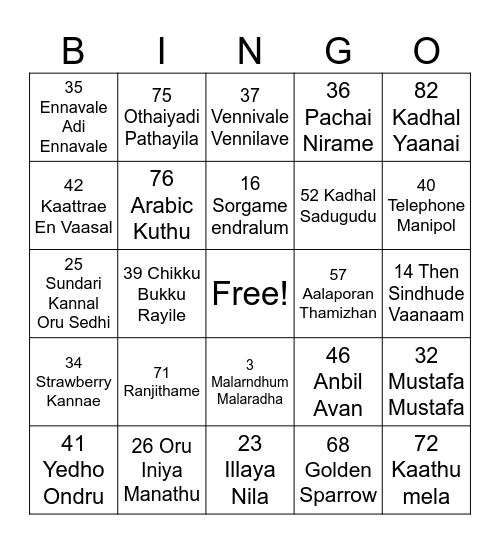 Tamil Music Bingo Card