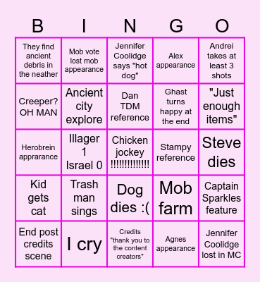 Minecraft movie Bingo Card