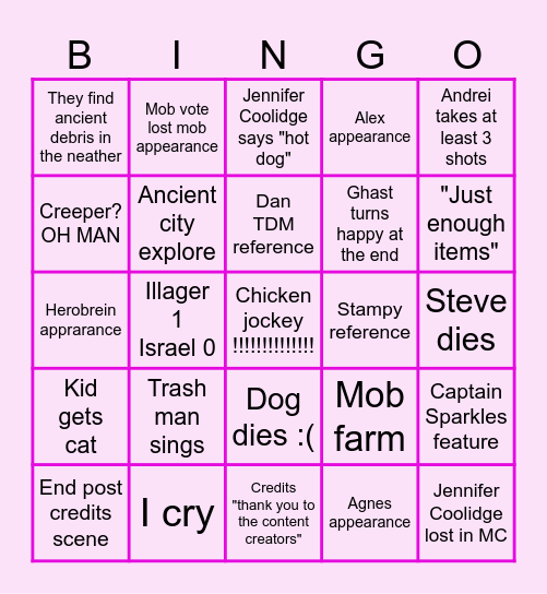 Minecraft movie Bingo Card