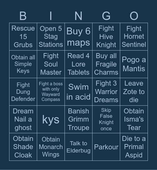 Hollow Knight Bingo Card