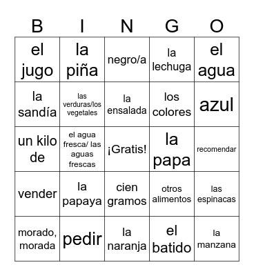 Entre Culturas 1, Unidad 5 Bingo Card