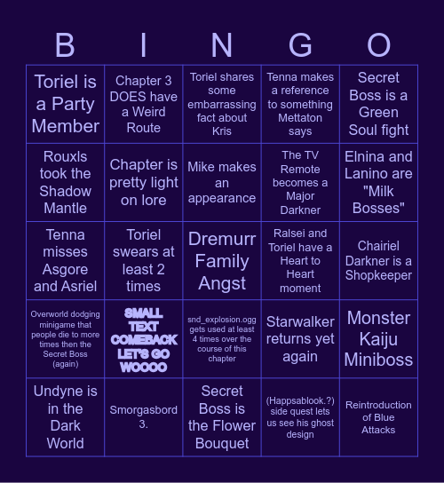 Katsuma's Deltarune Chapter 3 Predicton Bingo Card