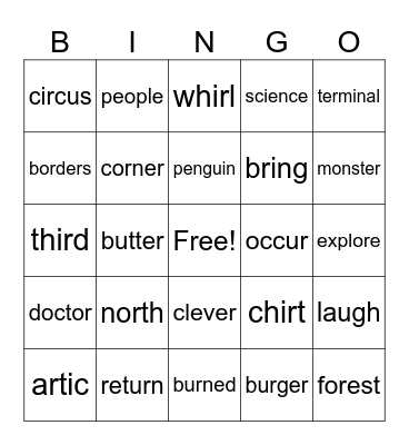 R-Controlled Words Bingo Card