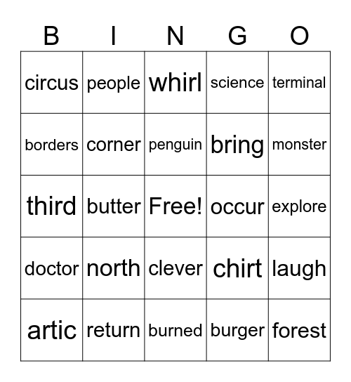 R-Controlled Words Bingo Card