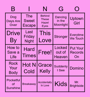 White girl music Bingo Card