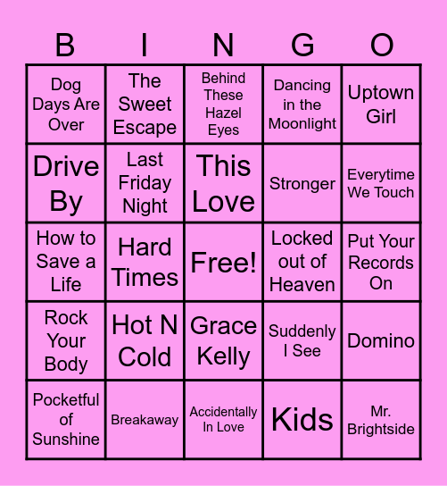 White girl music Bingo Card