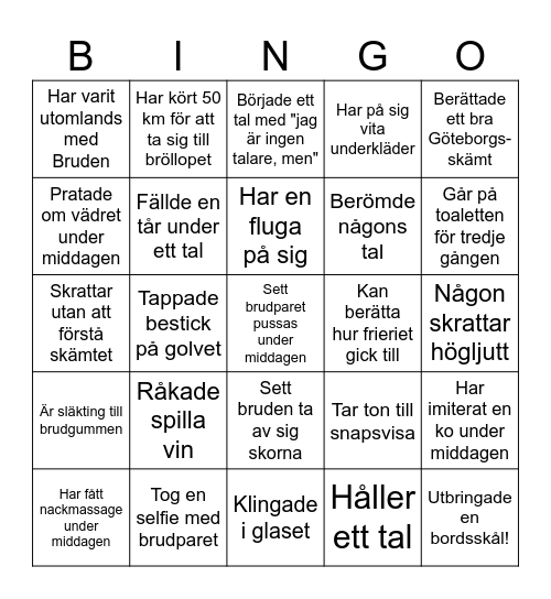Bröllopsbingo. Någon vid ert bord... Bingo Card