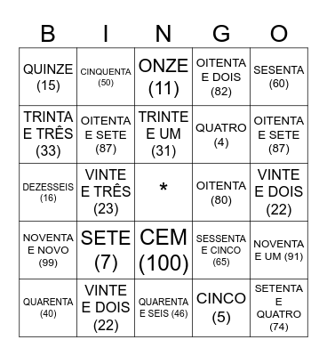 Números em português Bingo Card