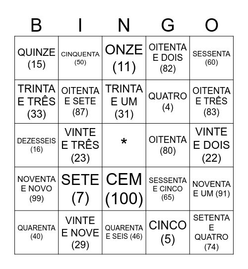 Números em português Bingo Card