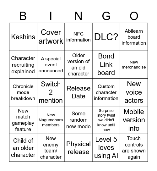 Inazuma Victory Road Bingo Card Bingo Card