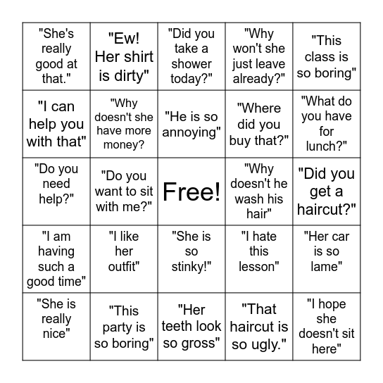 Think it or Say it Bingo Card