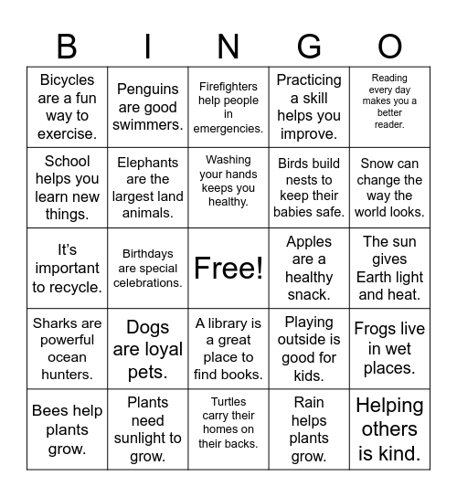 Main Idea Bingo Card