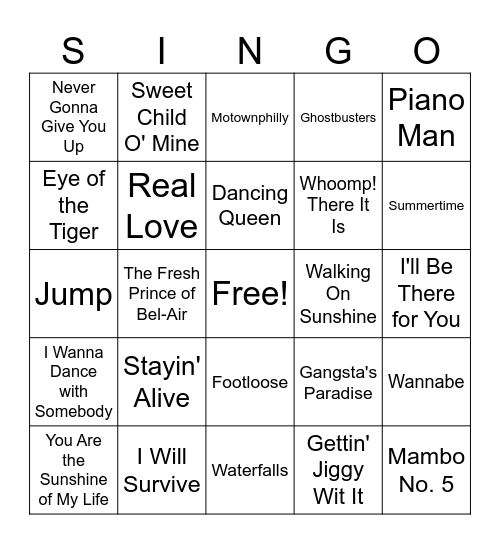 SINGO Bingo Card