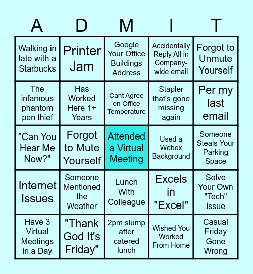 Work In Office Bingo Card