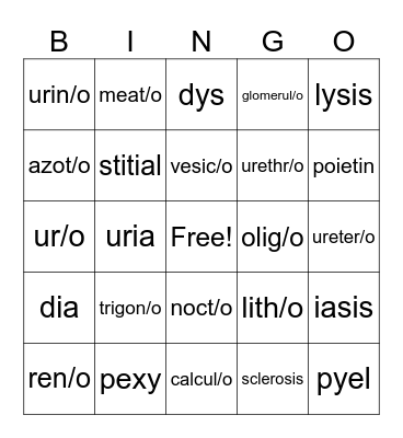 Urinary System Bingo Card