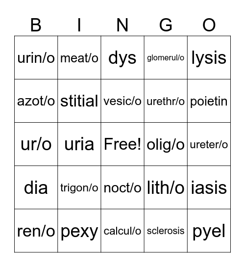 Urinary System Bingo Card