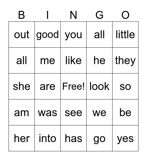 Heart Words Bingo Card