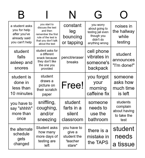 State Testing Bingo Card