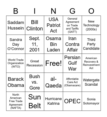 US History 90s - Today Bingo Card