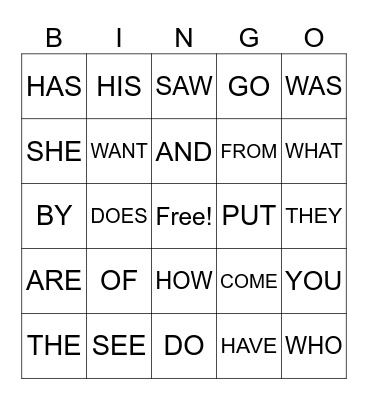 Sight Words Bingo Card