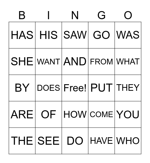 Sight Words Bingo Card
