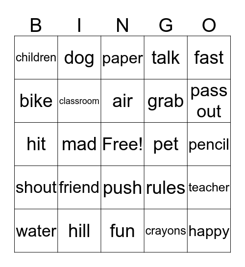 Pedal and Rules Bingo Card