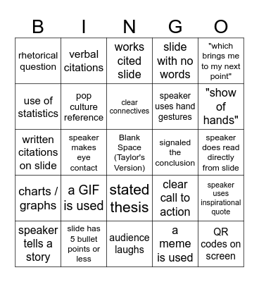 Public Speaking Bingo Card