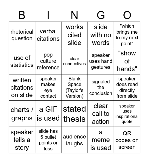 Public Speaking Bingo Card