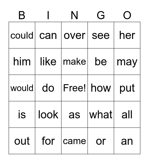 Sight Word Bingo Card