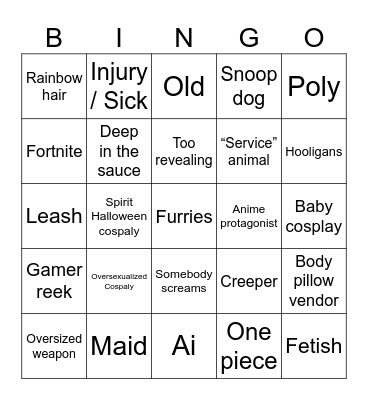 Comic con Bingo Card