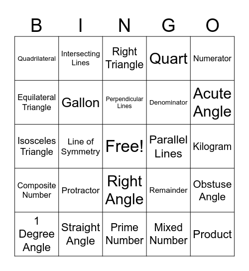 Math Vocabulary Bingo Card