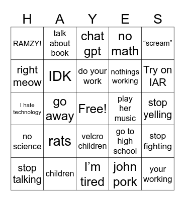 Mrs.Hayes Bingo Card