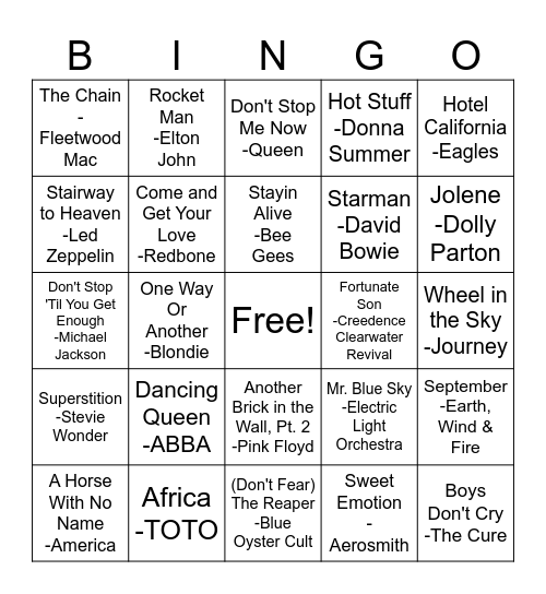70's Bingo Card