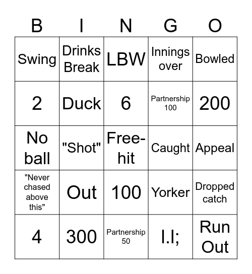 Cricket Bingo Card